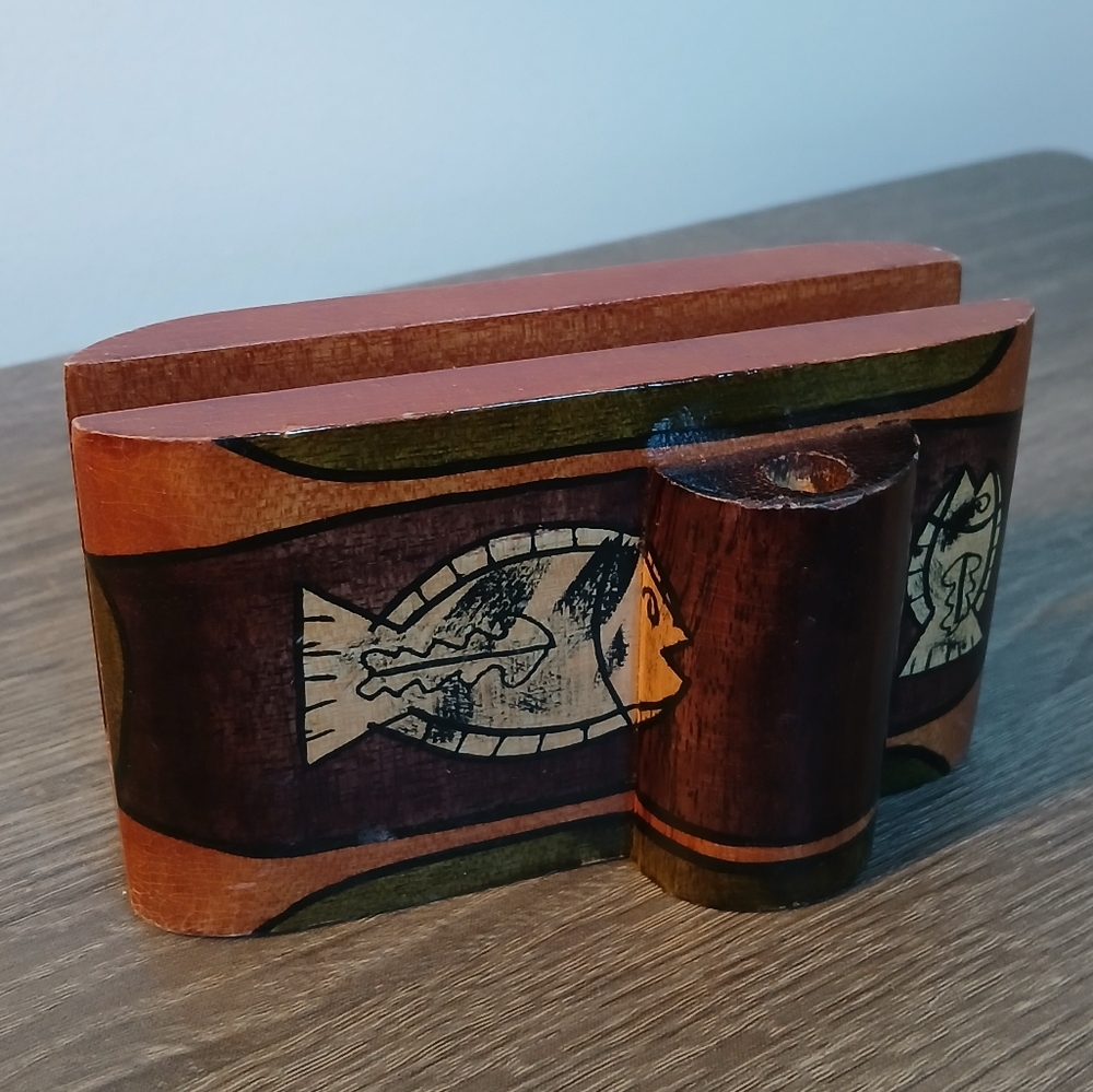Vtg Handmade Wooden Desk Organizer Pen Pencil Letter Holder Fish Design MCM